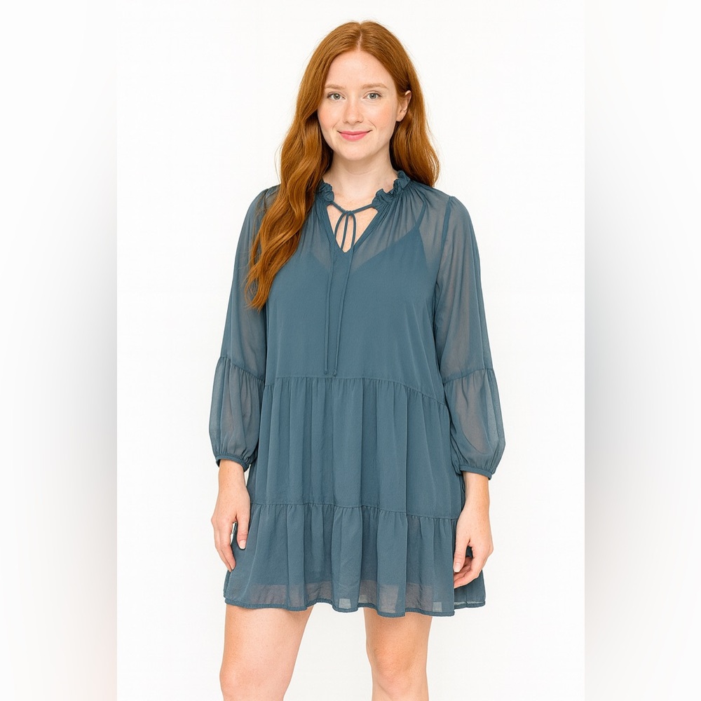 Pink Lily Teal Sheer Layered Dress w/ under layer. Flouncy sleeves. BJ2